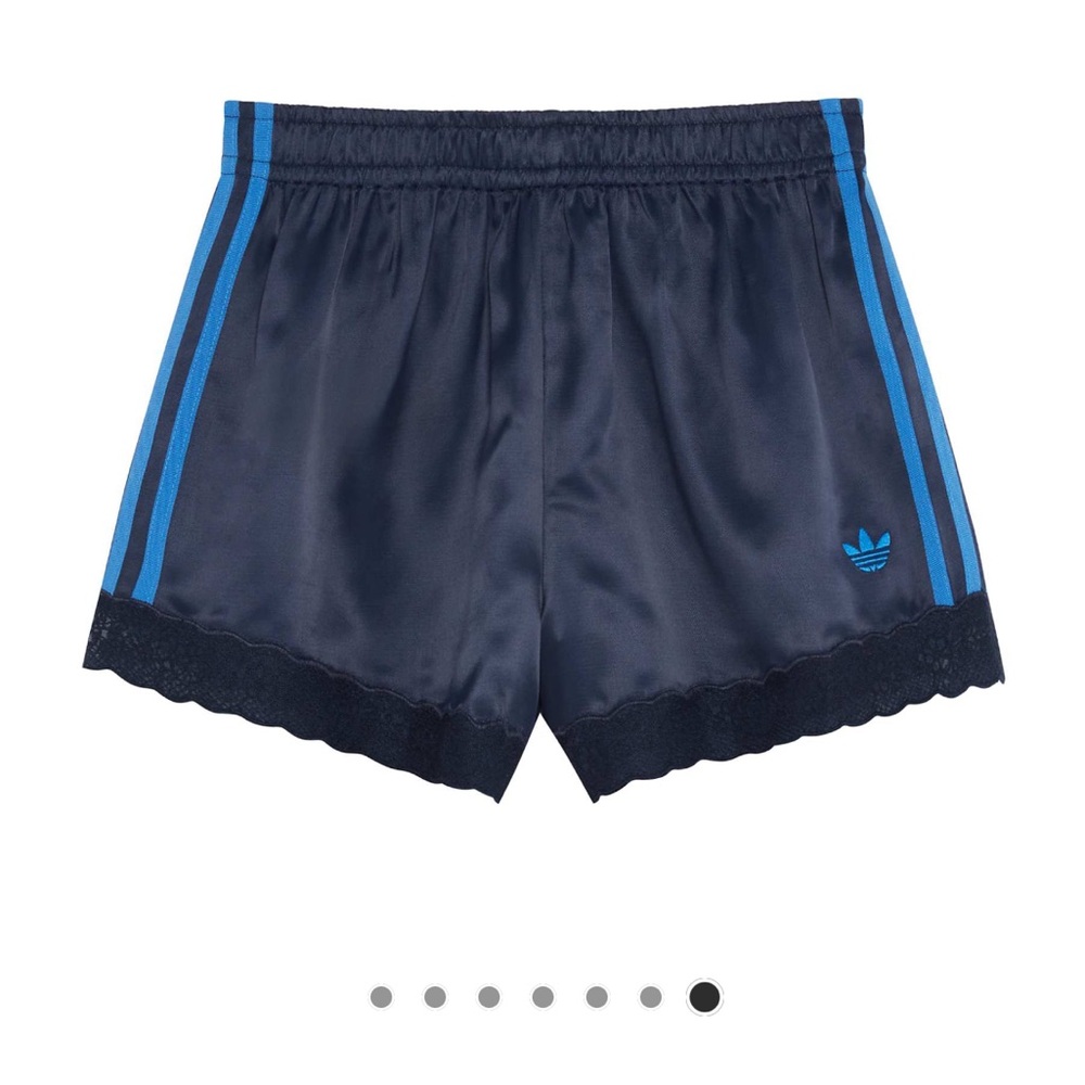 adidas Originals x ASOS regular fit lace hem shorts in navy satin - Picture 5 of 5
